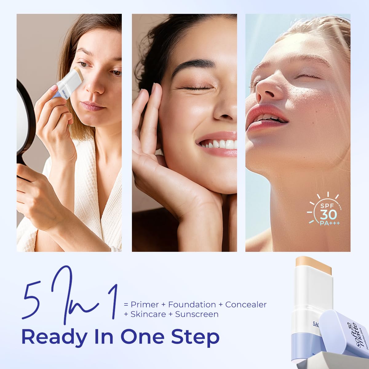 SACE LADY Foundation Stick - Medium to Full Coverage Makeup with Built-in Brush | Soft Matte Finish, SPF 30, 0.4 Oz