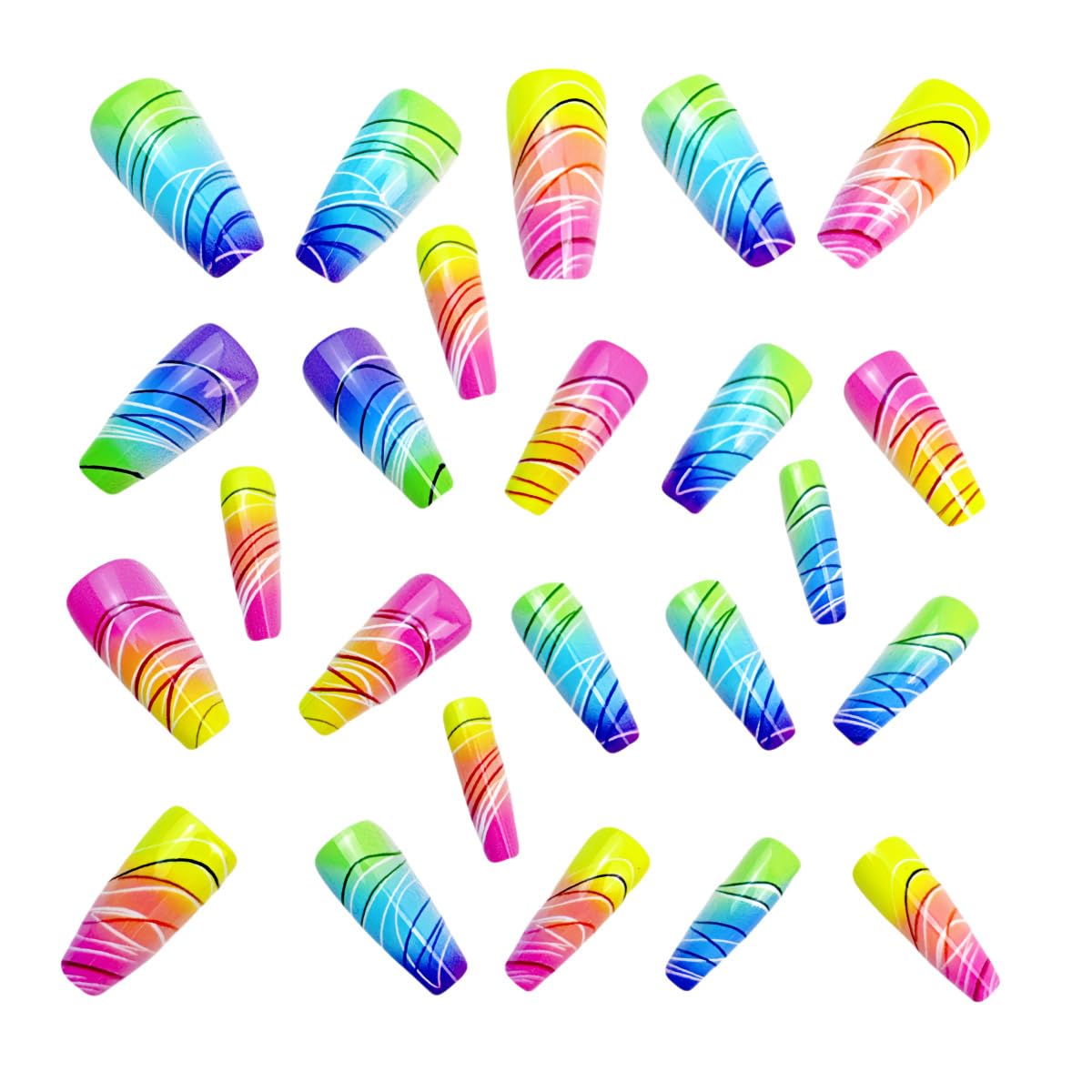 Colorful Gradient Press-On Nails | Medium Coffin Shaped Acrylic Nail Art - 24 Pcs with Rainbow Designs