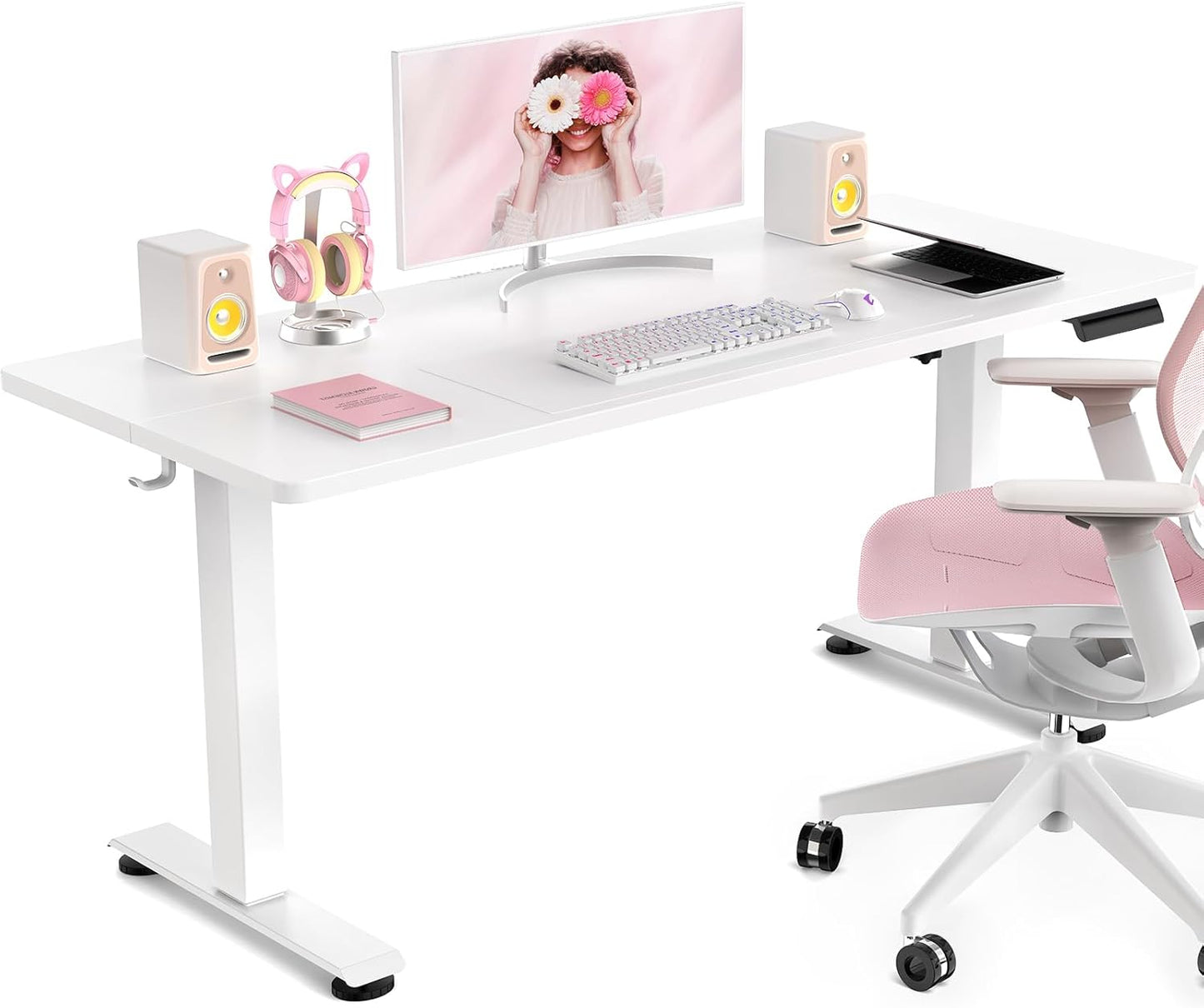 Veken Electric Standing Desk - 55 Inch Height Adjustable Home Office Table | White Wooden Desktop for Work & Study