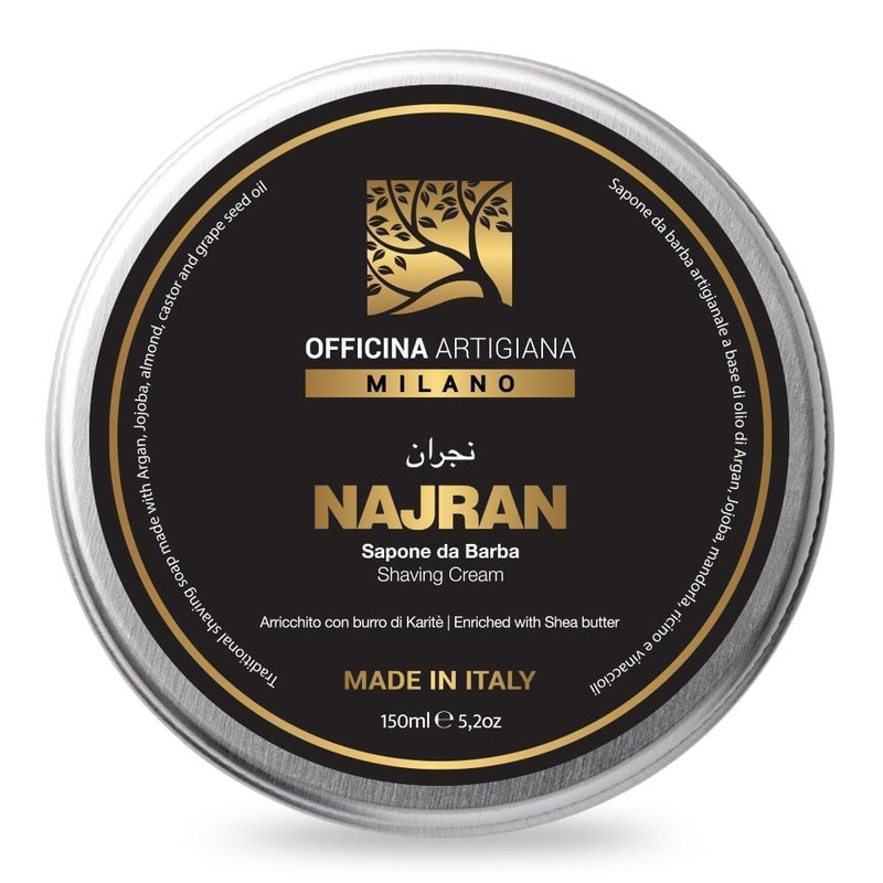 Officina Artigiana Milano Najran Shaving Soap 150ml – Luxury Italian artisan wet shaving soap with 46% wellness oils & shea butter – woody‑smoky fragrance – vegan skincare