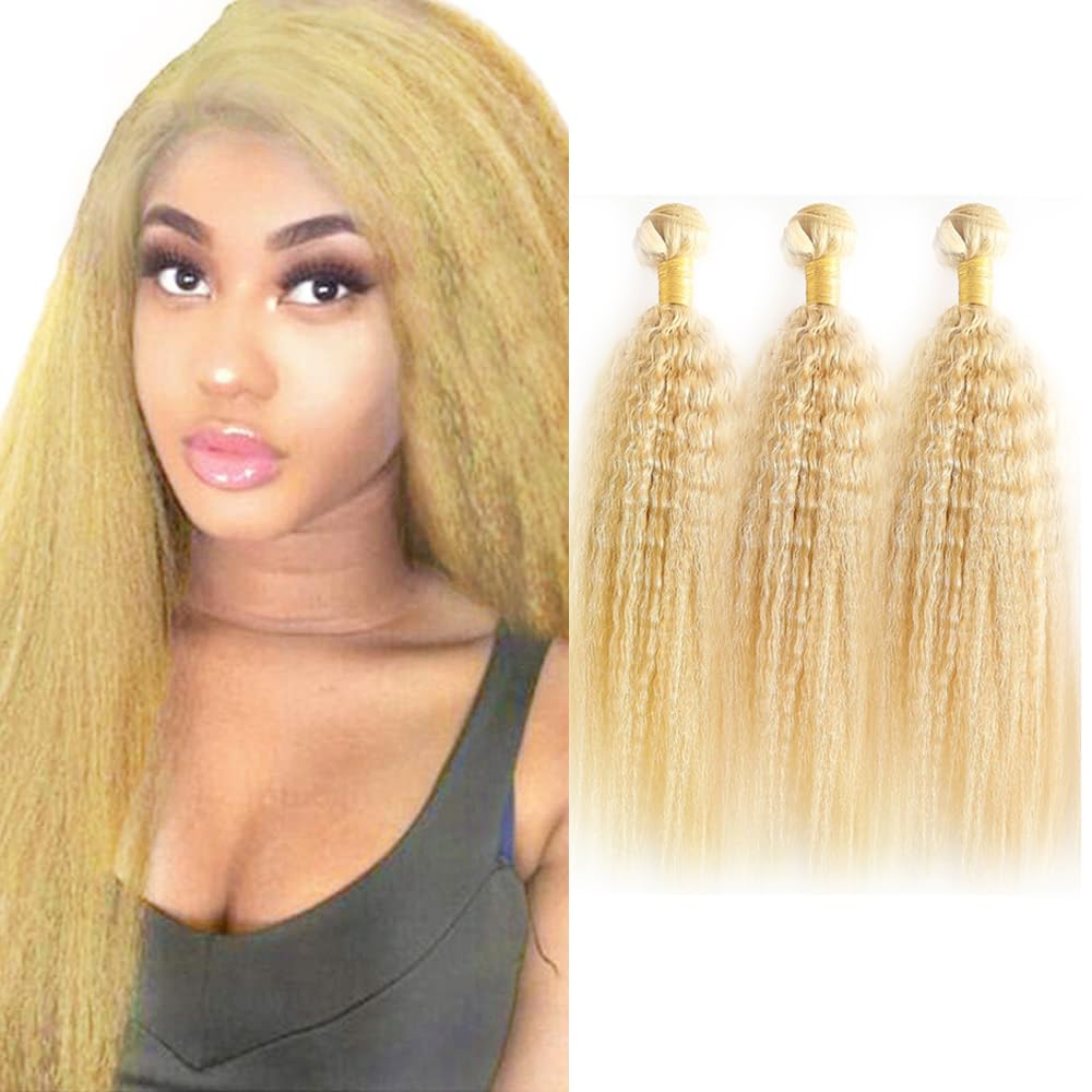 #613 Blonde Bundles Human Hair Kinky Staright Bundles 26 26 26 Inch Yaki Staright Unprocessed Brazilian Virgin Hair Deals Quick Weave Hair Extensions 3 Bundle 50 Gram Per Bundle