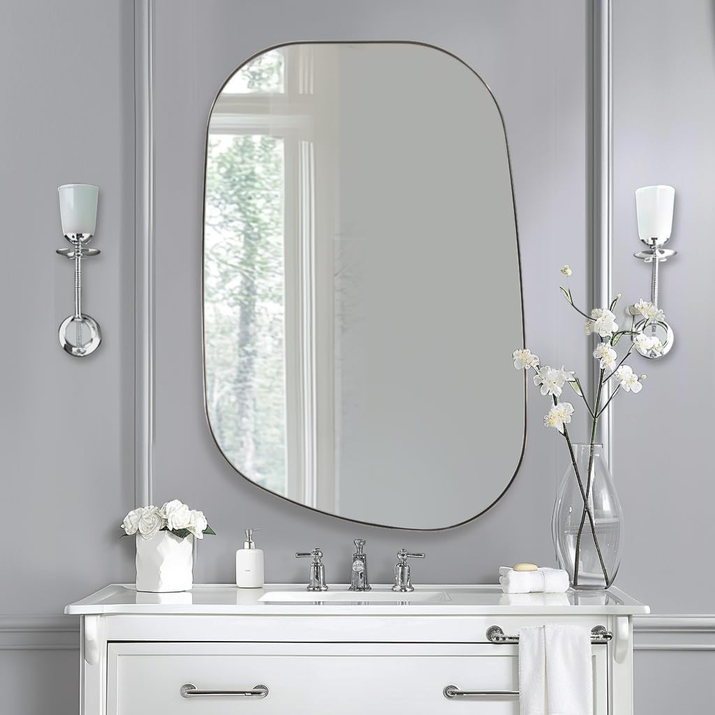 Chrome Asymmetrical Wall Mirror - Unique 24"x32" Irregular Design with SUS304 Stainless Steel Frame for Bathroom, Bedroom, Entryway