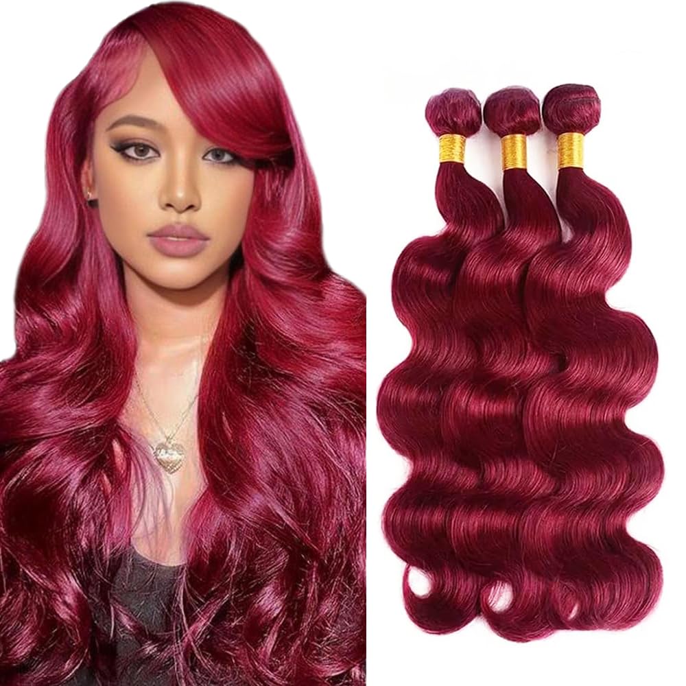 Freiuoke Dark Burgundy Bundles 99J Body Wave Human Hair 3 Bundles 150g 22 24 26 Inch Brazilian Unprocessed Virgin Remy Hair Extensions