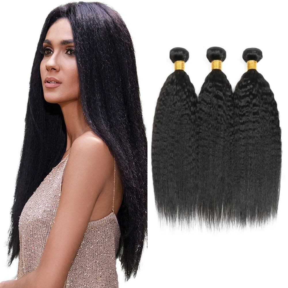 Human Hair Bundles #1B Natural Color Yaki Straight Bundles 34 34 34 Inch Unprocessed Brazilian Virgin Hair 3 Bundle 50 Gram Per Bundle Deals Quick Weave Hair Extensions