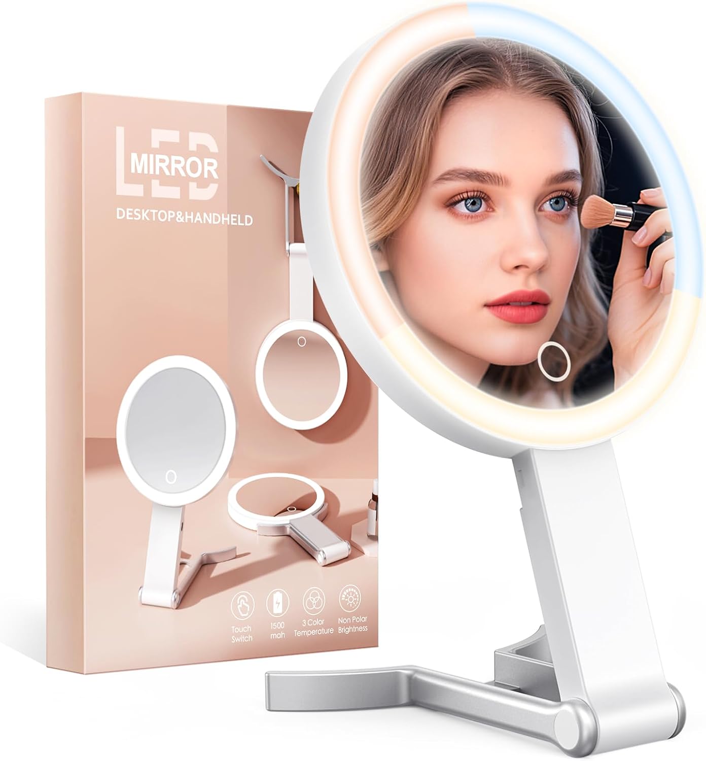 Travel Makeup Mirror with Lights - 15X/1X Double-Sided LED Magnifying Mirror | Portable, Dimmable Touch Control, 3 Color Lighting
