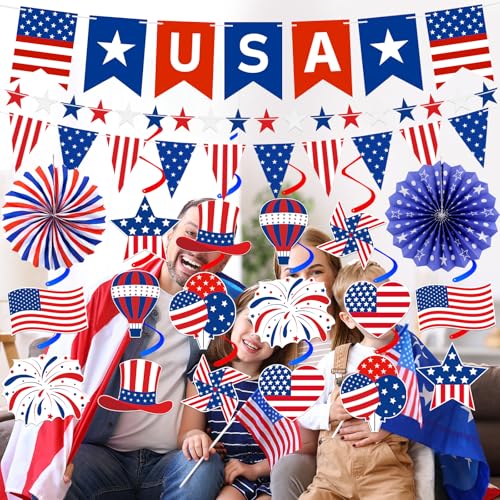 37 Pcs 4th of July Decorations Set - USA Banner, Paper Fans & Swirls
