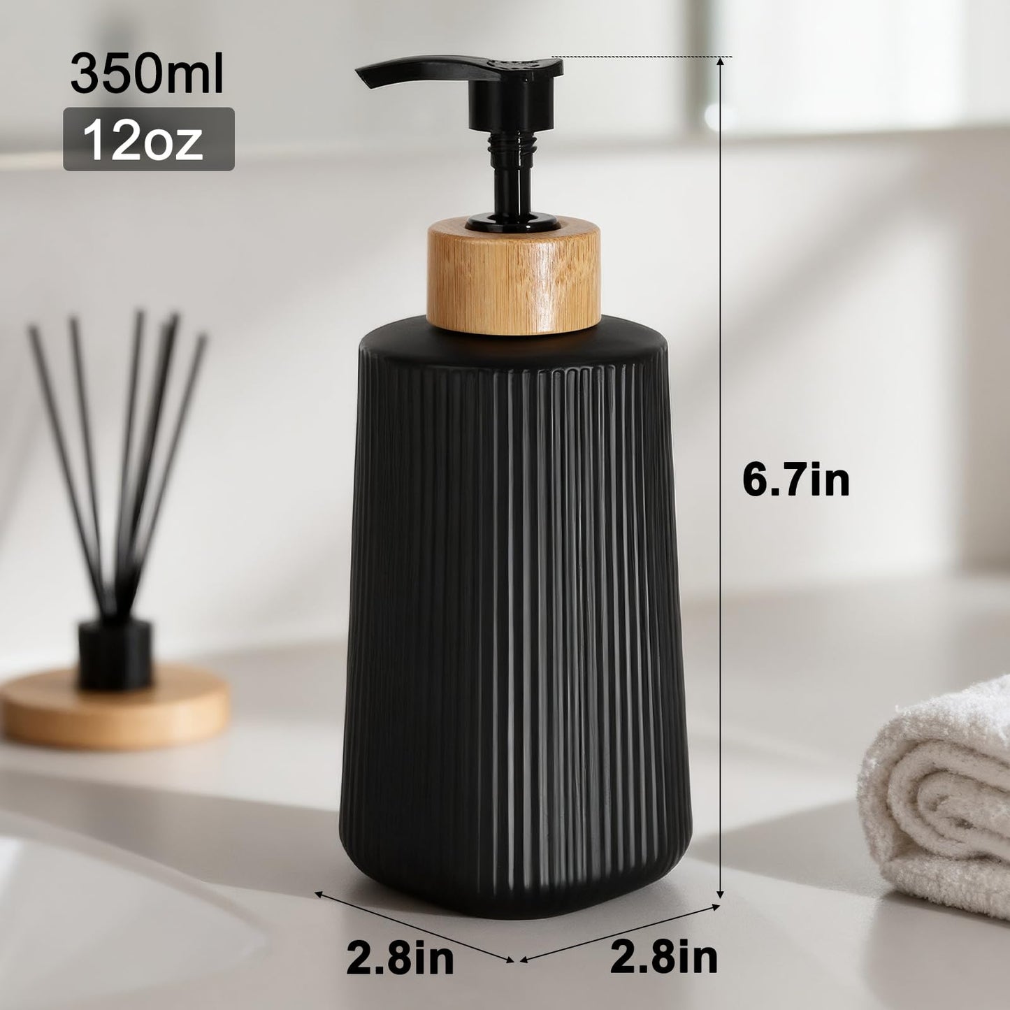 Glass Soap Dispenser, Thickened Glass Hand Soap Dispenser for Bathroom, Kitchen Dish Washing Liquid Bottles, Shampoo and Conditioner Bottles, Modern Farmhouse Style, (Black, Set of 1, 12oz)