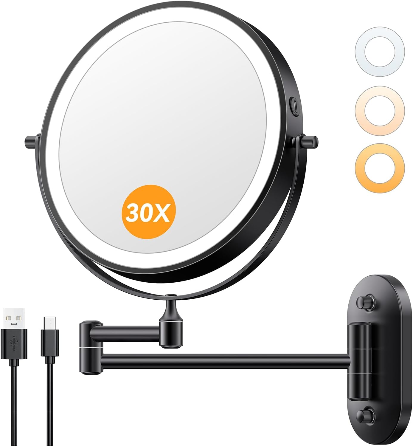 Lighted Makeup Mirror - 1X/30X Double-Sided Magnifying Mirror with 3 Color Touch Dimmable Lights | 8" Rechargeable, 360° Rotating Arm, Brushed Nickel