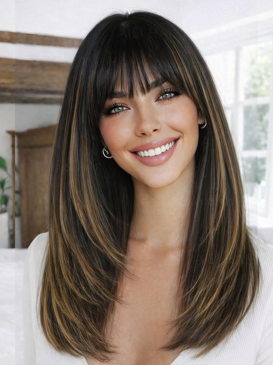 Ash Beige Blonde Wig with Highlights - Beginner Friendly Middle Length Straight Wig for Women | Natural Layered Bangs