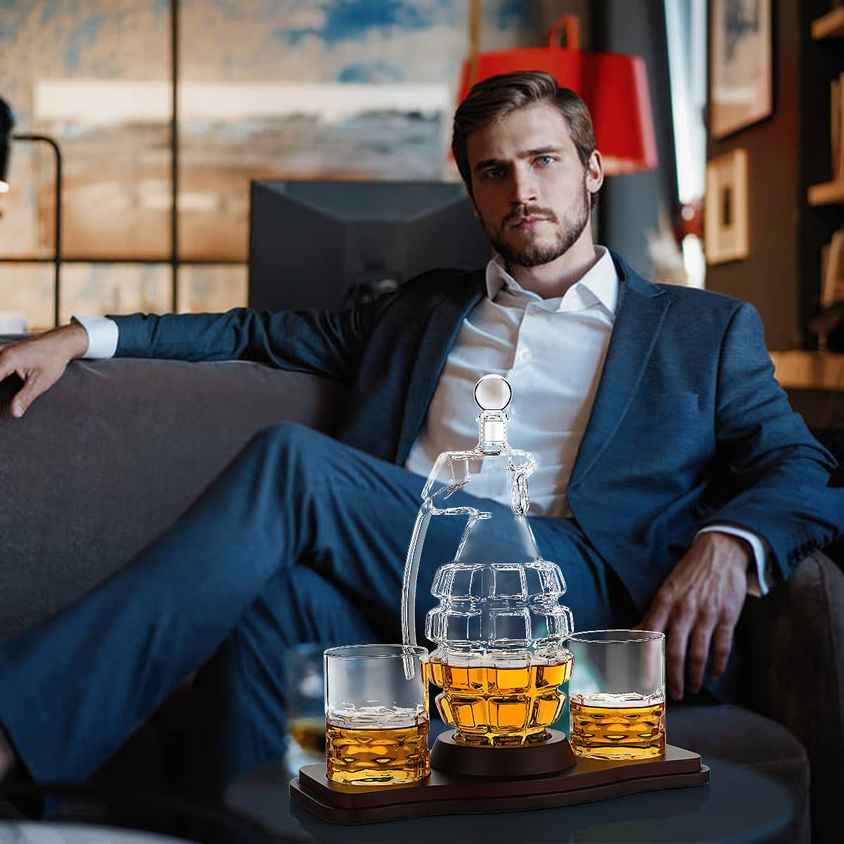Whiskey Decanter Set Grenade Shaped Liquor Decanter Set with 2 Glasses - Scotch Bourbon Drinking Gift for Men&Women Dad Husband Boyfriend Brother Anniversary Birthday Christmas House Warming Present