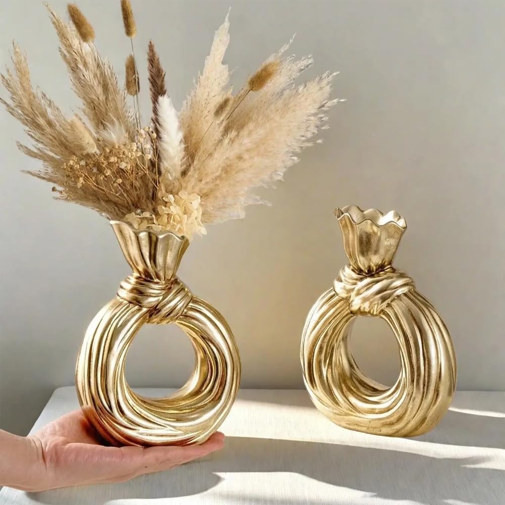 Gold Resin Hollow Ring Vase - Knot-Shaped Bud Vase for Flowers | Tabletop Wedding Centerpiece Home Décor