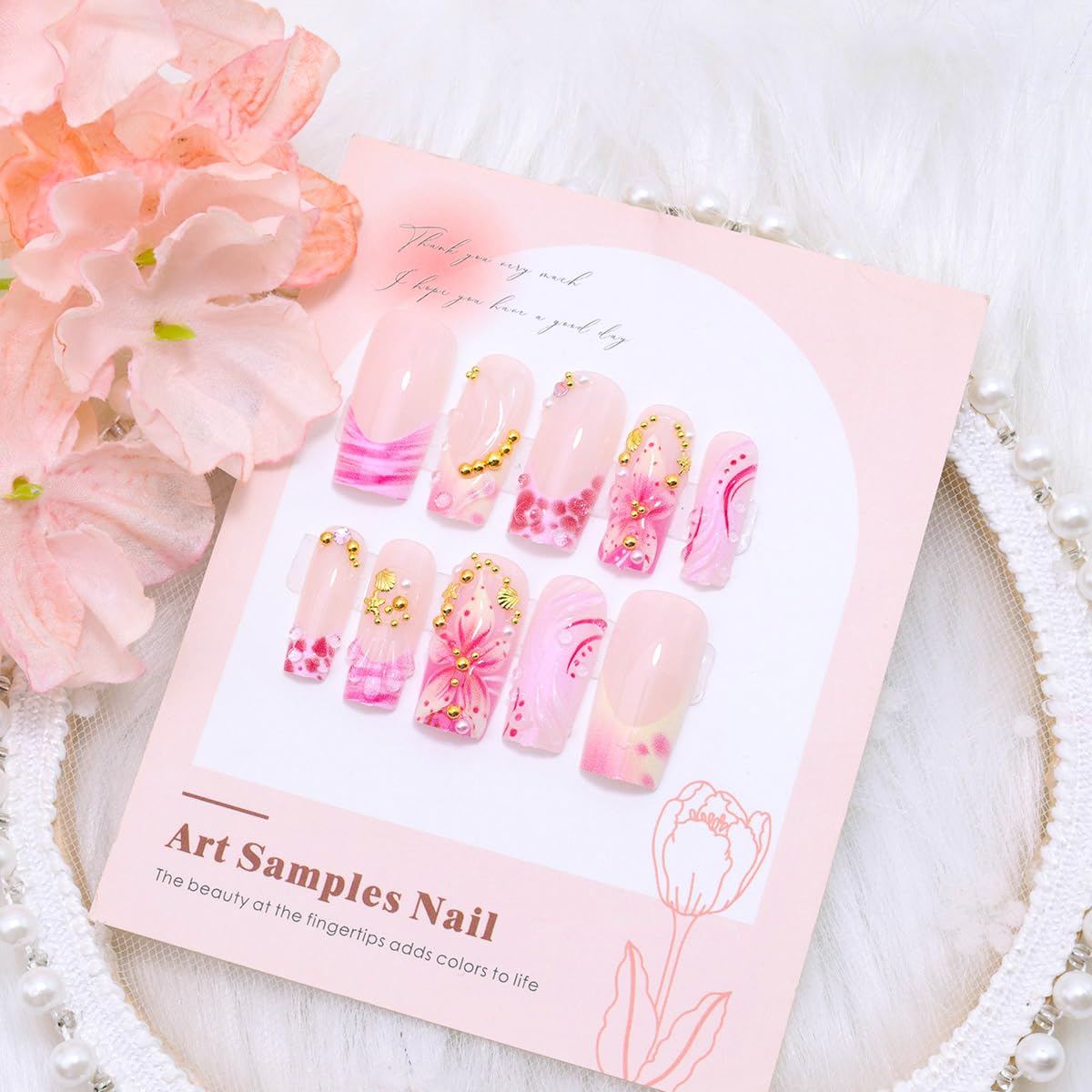 24Pcs Summer Starfish Press on Nails Long Square Fake Nails 3D Pink Floral with Gold Rhinestones Cute Design Ocean Beach Glue on Nails Acrylic French Tip False Nails Stick on Nail for Women Manicure