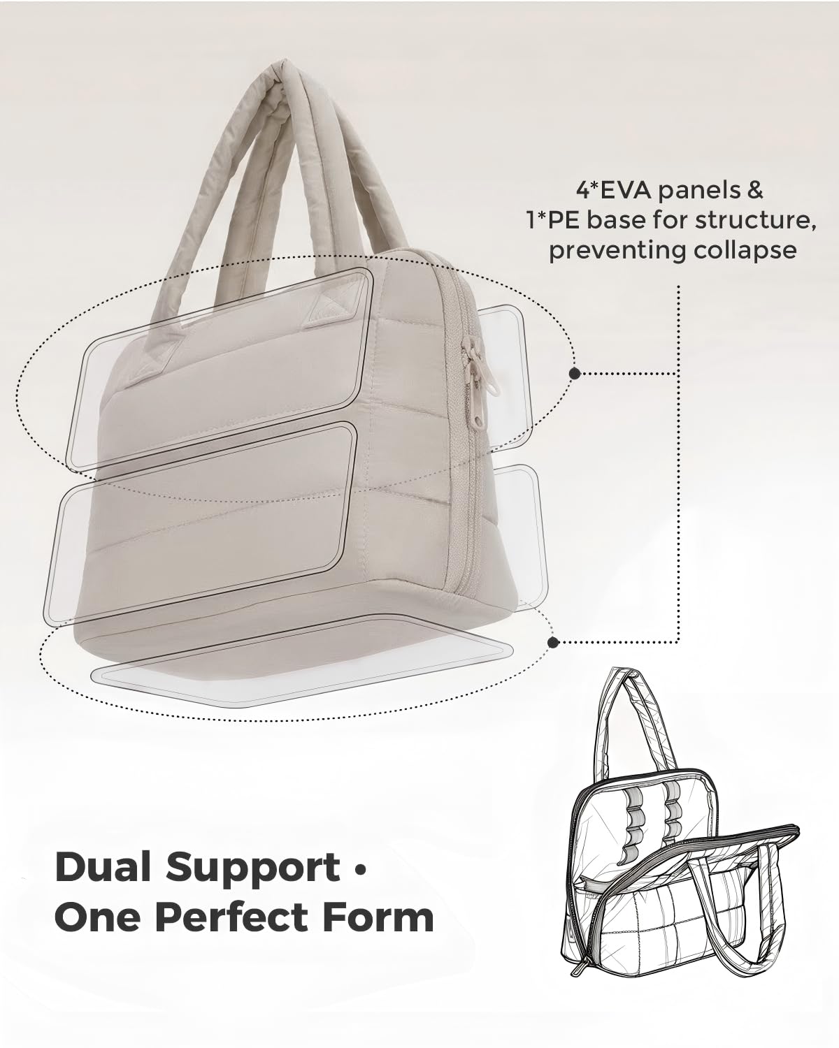 Wandering Nature Standing Makeup Bag for Travel, Portable Fold-down Cosmetic Organizer, Puffer Open Make Up Pouch with Handle & Divider & Brush Holder, Easy Clean Toiletry Bag with EVA Lining