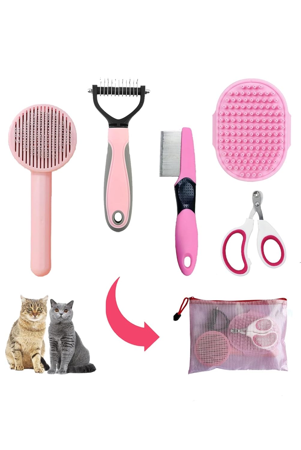 Cat Brush for Shedding - 5-Piece Set for Long-Haired Cats & Small Dogs | Pink Matted Fur Comb