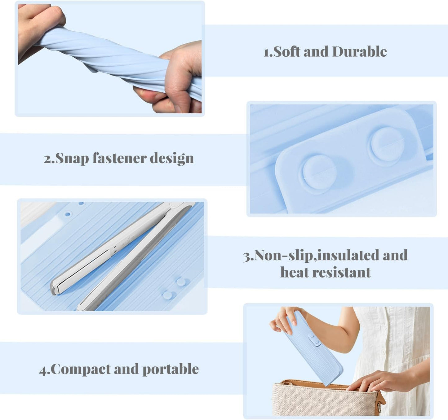 Heat Resistant Silicone Mat Travel Case - 2-in-1 Soft Folding Storage Bag for Curling Iron & Flat Iron | Non-Slip Design, Portable (Blue)