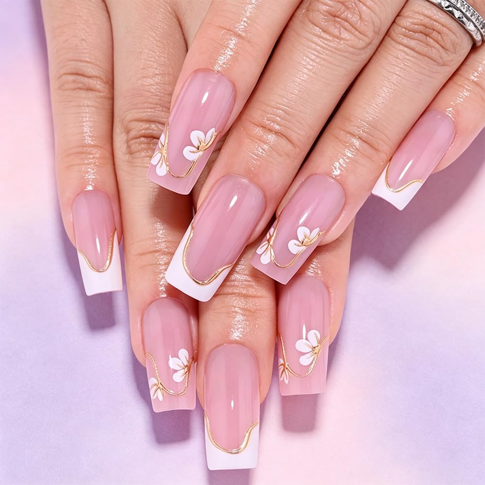 3D Gold Line French Tip Press-On Nails - Short Almond Glitter Light Nude | Handmade Acrylic Nails with 3D Pearl Designs