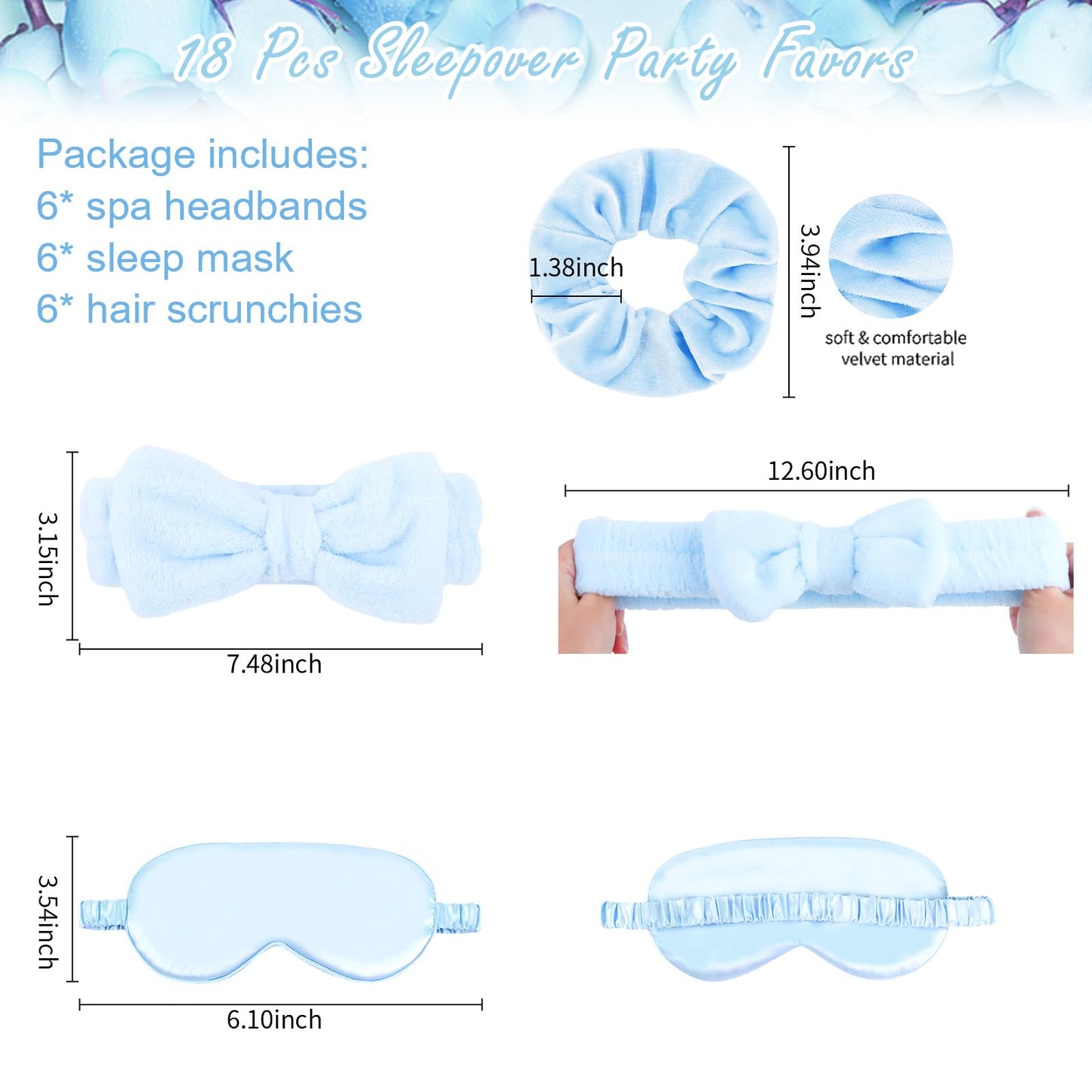 WHAVEL 18 Pcs Sleepover Party Supplies for Girls - Sleepover Party Favors Include 6 Spa Headband, 6 Silk Eye Mask and 6 Velvet Scrunchies for Spa Birthday, Bachelorette, Slumber (Blue)