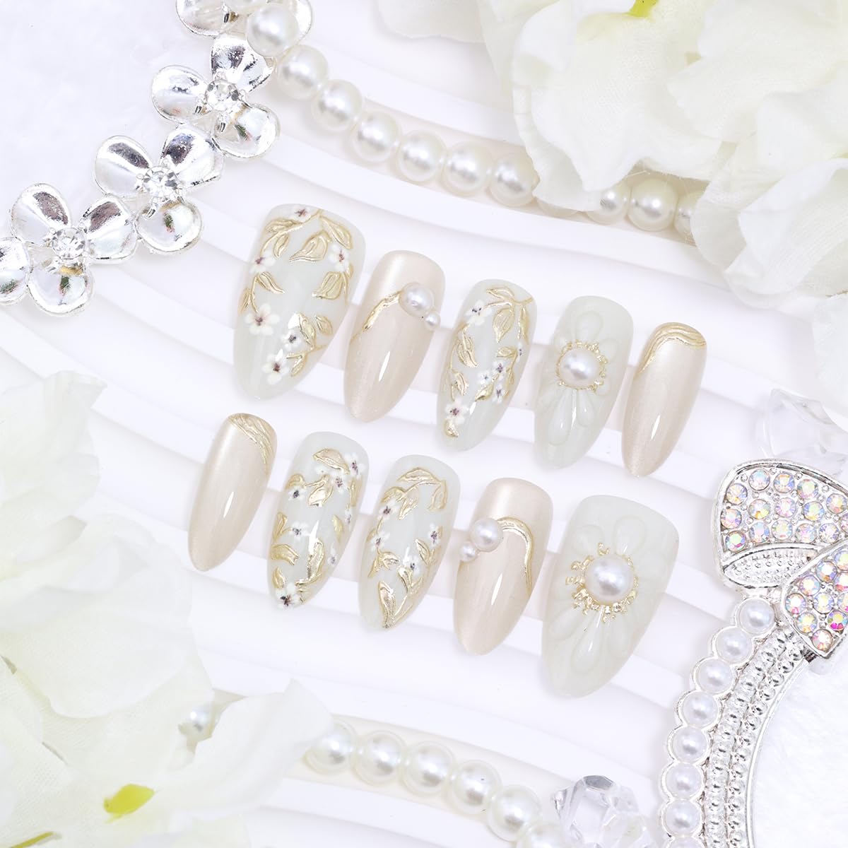 Handmade Press-On Nails - 30 Pcs Medium Almond Shape 3D Flower Design | Reusable Acrylic in Nude & White