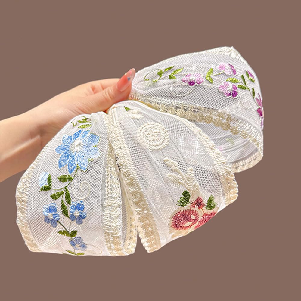 Jaczora Floral Lace Headbands for Women, Wide Mesh Hair Bands with Embroidered Flowers, 3-Pack, White