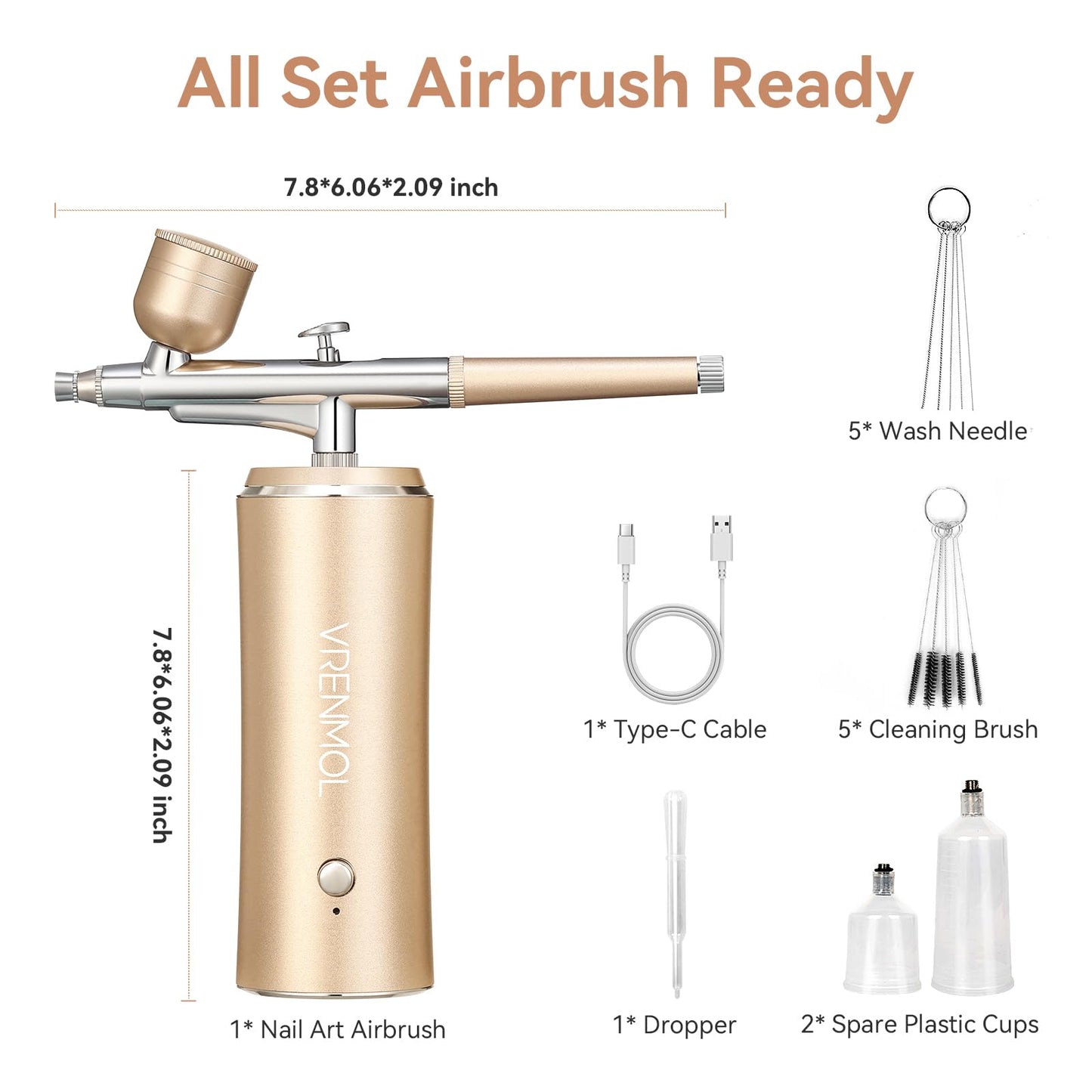 Vrenmol Airbrush Kit: Micro-Flow Precision Airbrush for Nails with Compressor Rechargeable Three-Mode Nail Airbrush Machine 0.3mm Nozzle Nail Art Airbrush Kit for Ombre French Nails Salon