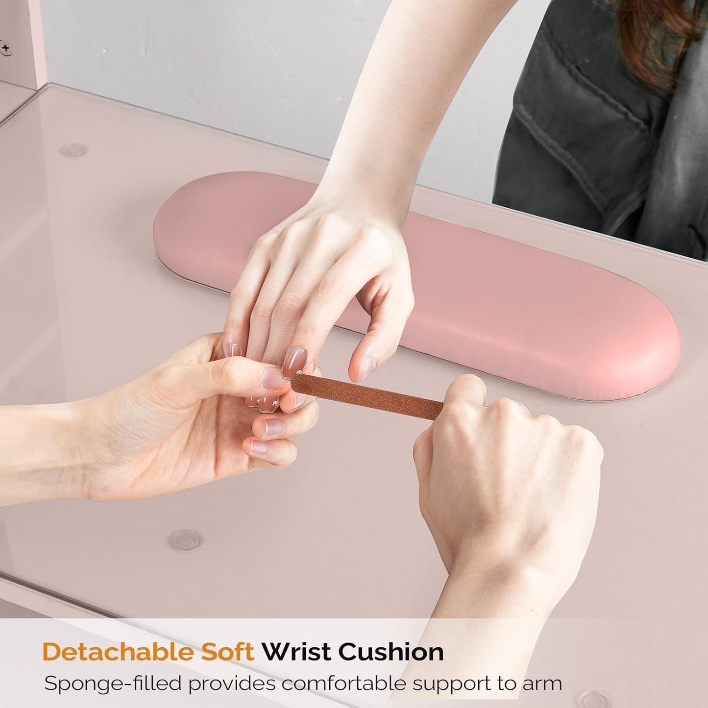 OmySalon Manicure Table - Nail Desk with Glass Top & Wrist Rest | Acetone Resistant, 3 Cabinets & Drawers