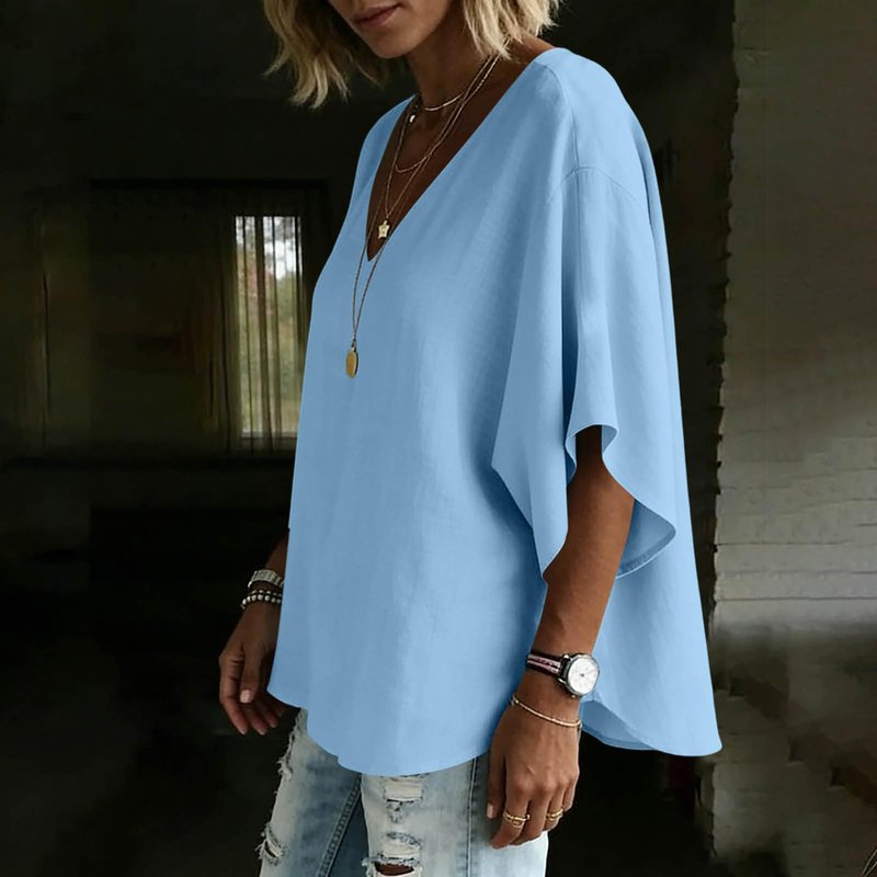 Summer Tops for Women Cotton Linen Petal Short Sleeve Blouse Loose Fit V Neck Casual Flowy Shirt Beach Vacation Tees