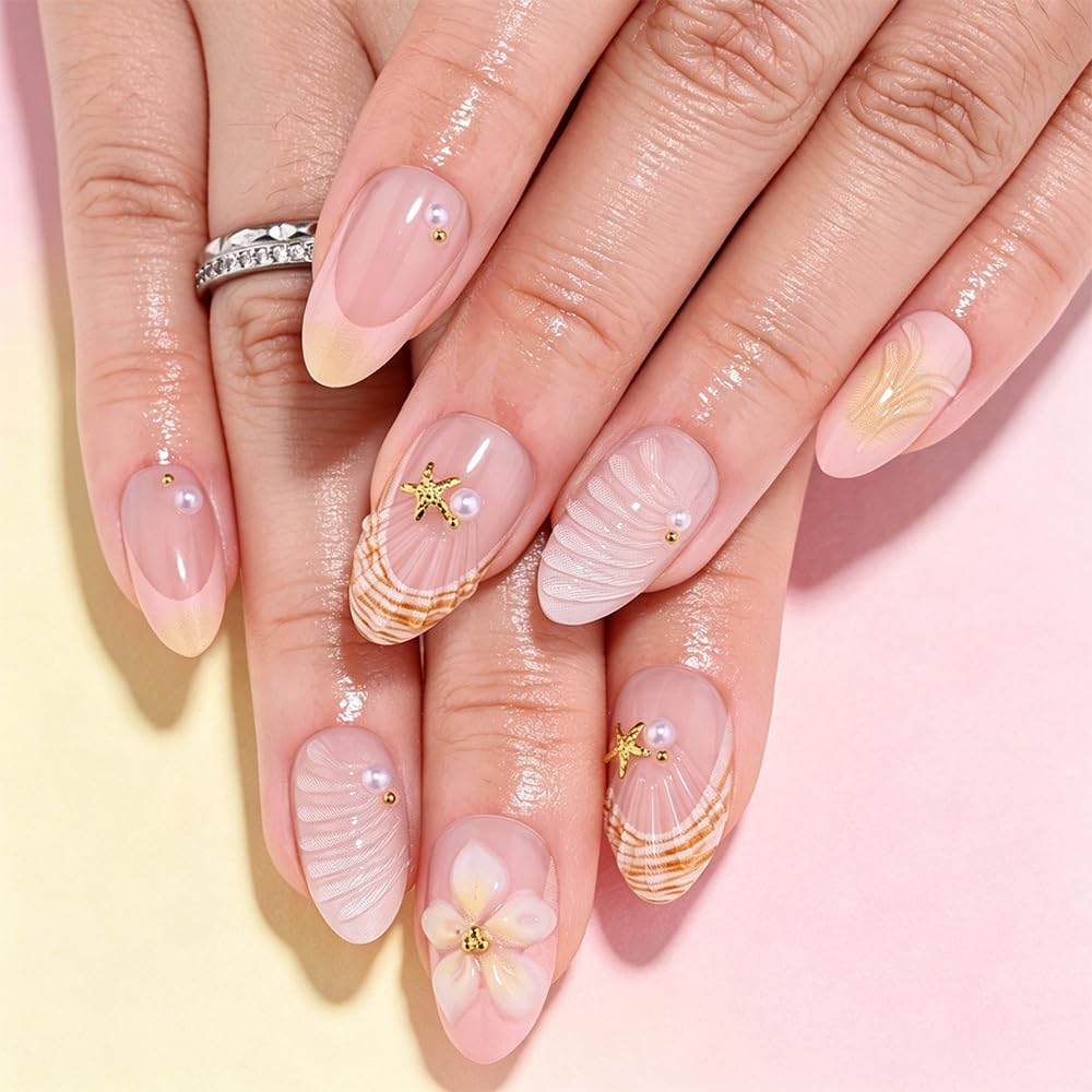 3D Gold Line French Tip Press-On Nails - Short Almond Glitter Light Nude | Handmade Acrylic Nails with 3D Pearl Designs