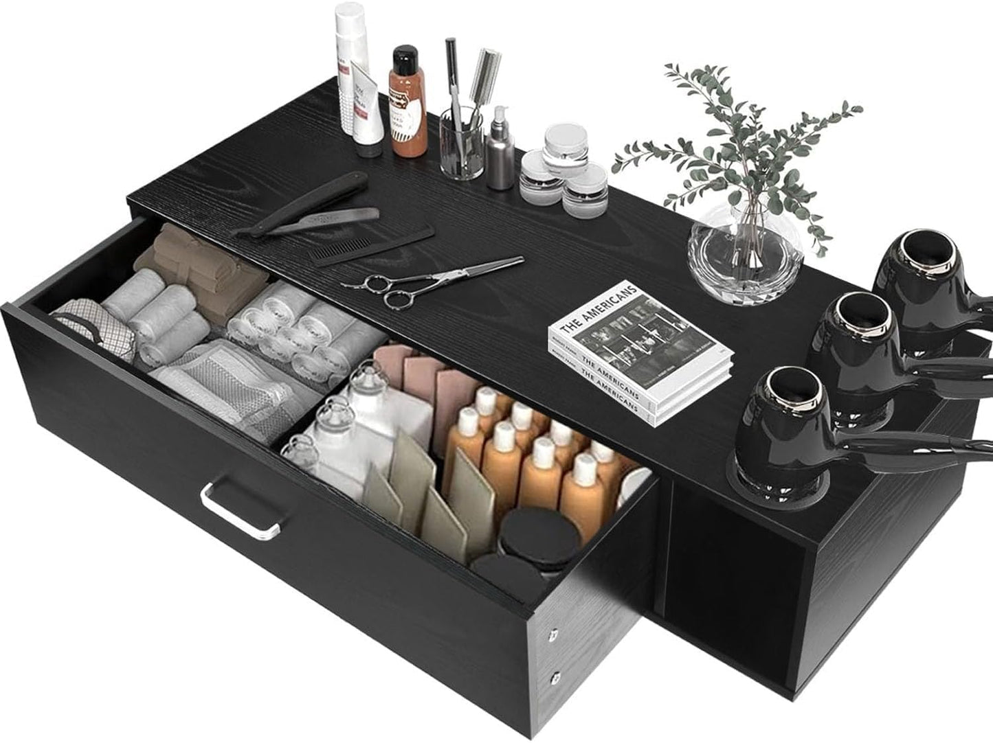 Wall Mount Salon Station - 36" Black Barber Organizer with Drawer & Shelves | 3 Dryer Holders
