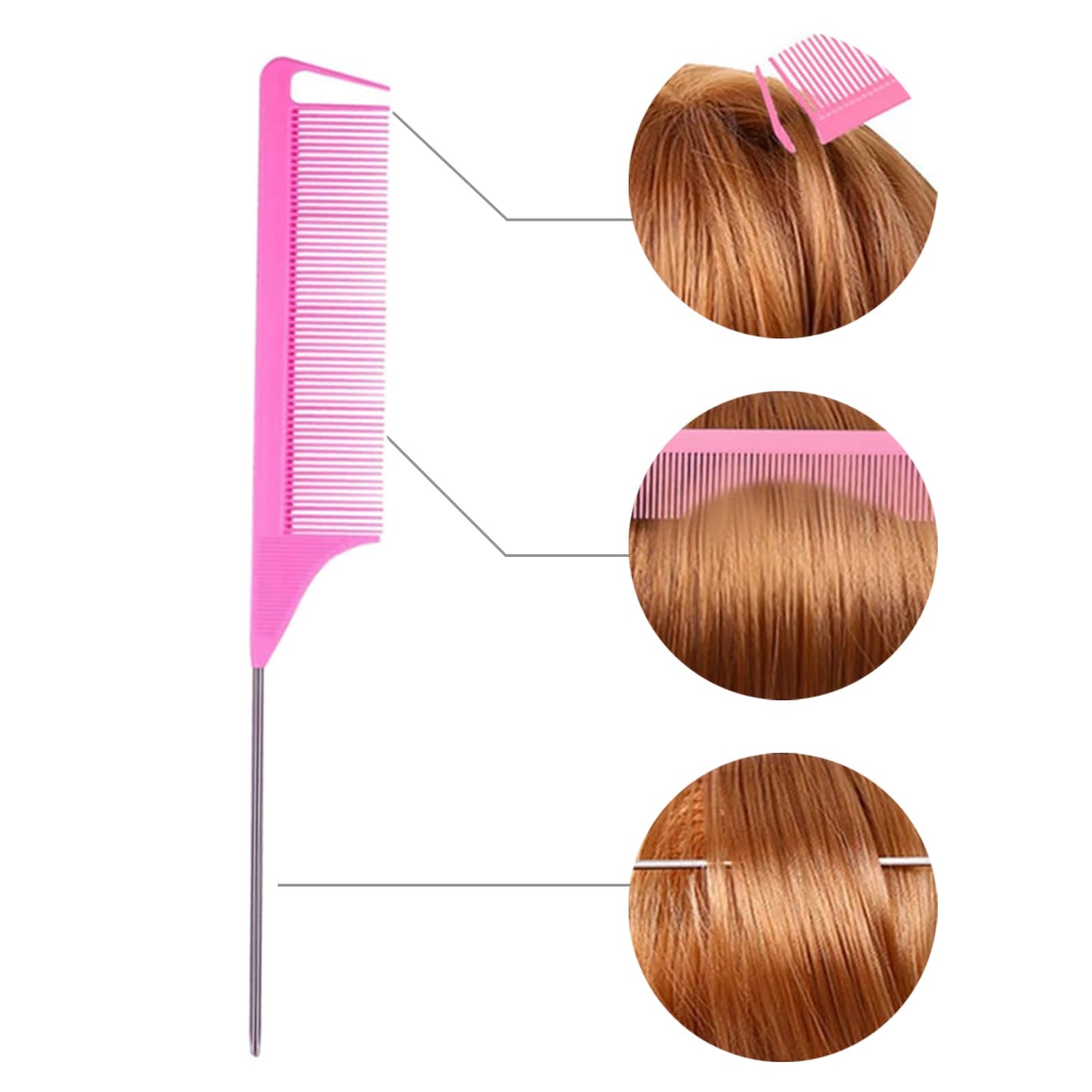6 Pcs Hair Brush Set with 50 Pcs Hair Pins, Rat Tail Comb Pick Teasing Comb Carbon Lift Teasing Comb with Metal Prong Women Hair Styling Pink