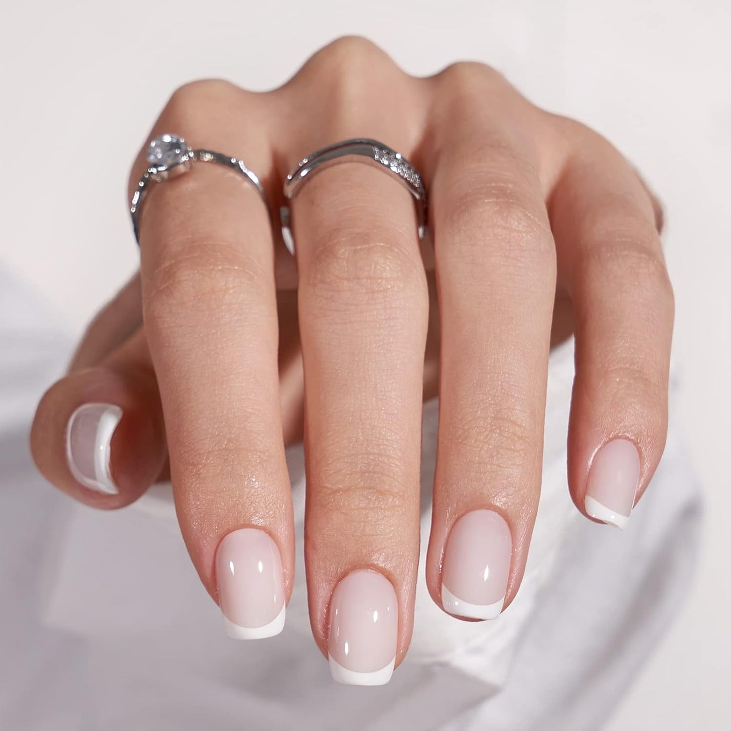 Short Almond Press On Nails - Aurora French Tip, 32 Piece Glue-On Nail Kit | Natural Look, 16 Sizes Available