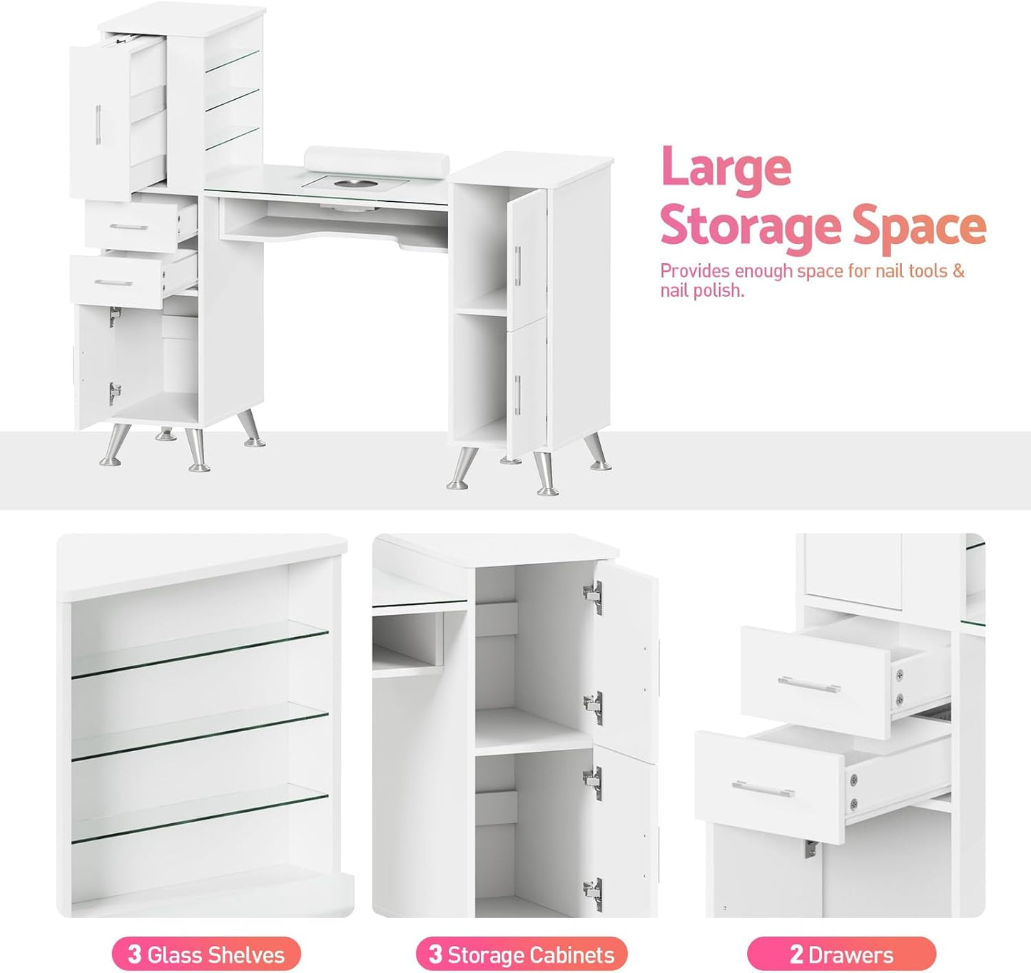 Manicure Table - Nail Station with Glass Top, Dust Collector & Storage Drawers | White Beauty Salon Workstation