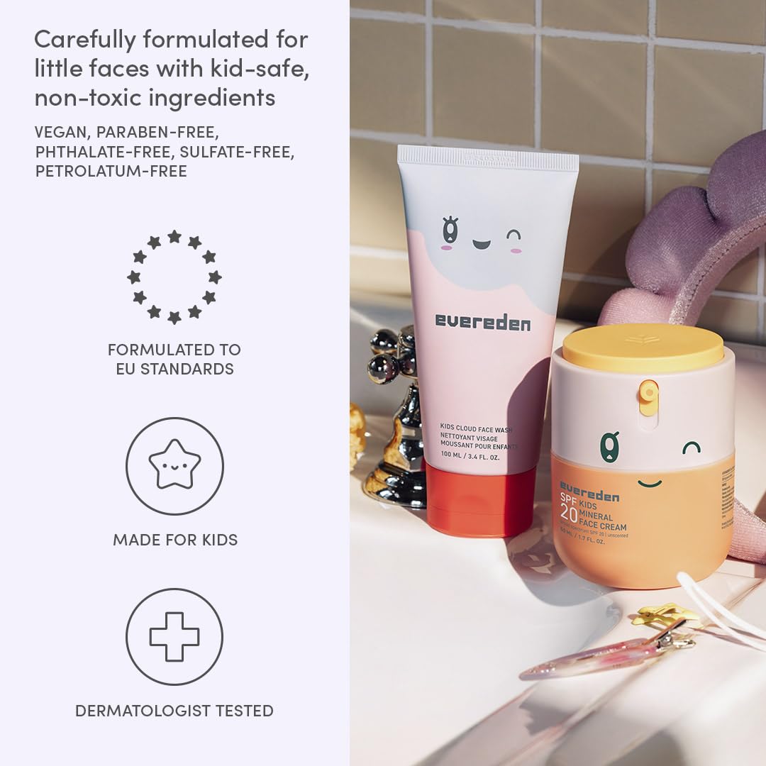 Evereden Kids Face Wash & SPF 20 Cream Set - Dermatologist-Tested Mineral Sunscreen with Zinc Oxide & Vitamin B5 | Gentle for Sensitive Skin, Ages 3+