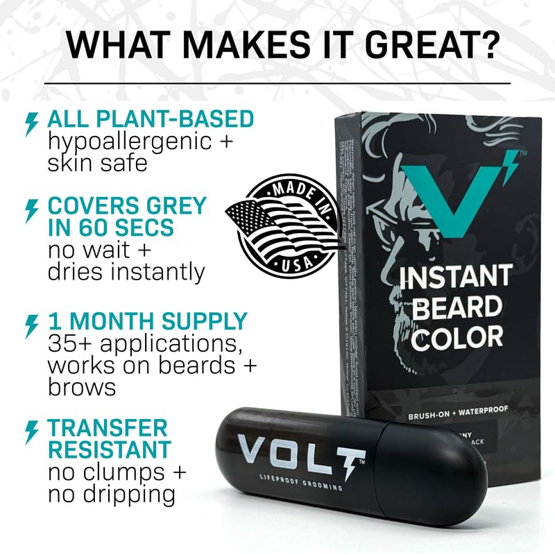 VOLT Instant Beard Color - Quick Drying Plant-Based Formula for Men | Ebony Brown/Black, 1 Pack, Up to 35 Applications