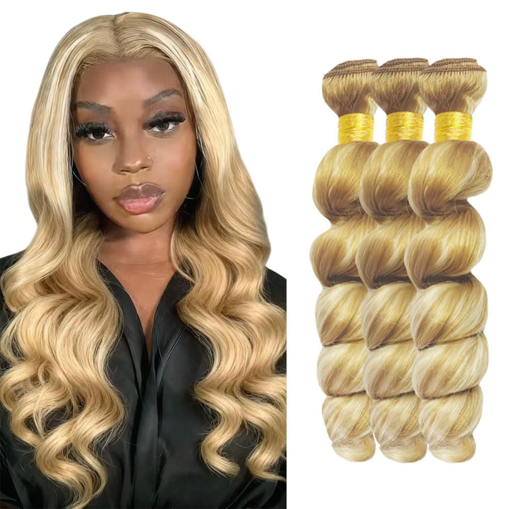 P27/613 Blonde Bundles Human Hair Loose deep wave Bundles 26 28 30 Inch Highlight Honey Blonde Loose Wave Bundle Unprocessed Brazilian Virgin Weave Hair 3 Bundle 50 Gram Per Bundle