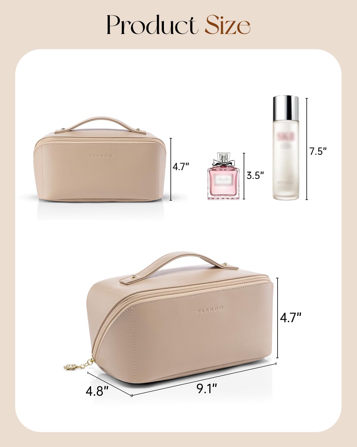 VLANDO Makeup Bag - Travel Toiletry & Cosmetic Bag for Women | PU Leather, Portable Design - Toffee