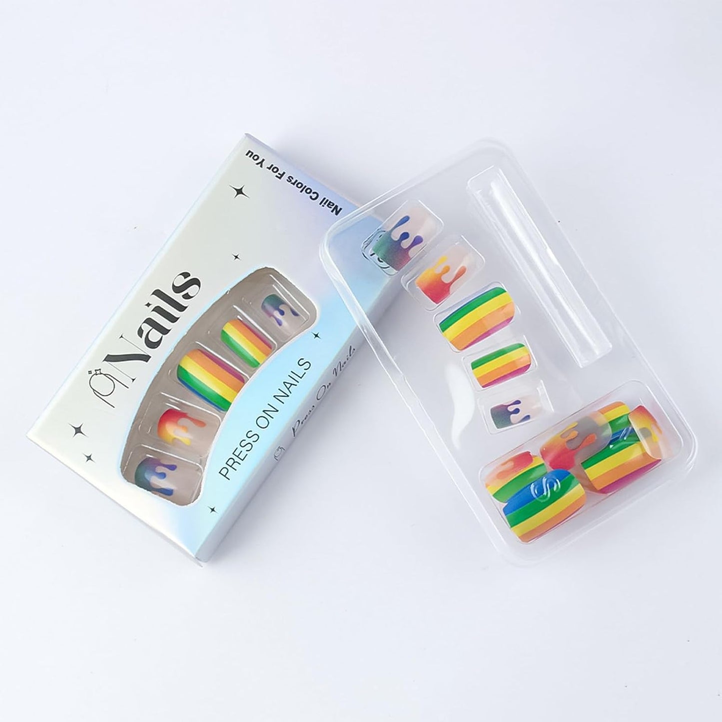 Rainbow Press On Nails - Medium Square Fake Nails with Colorful Stripes | Glossy Full Cover 24 Pcs for Summer