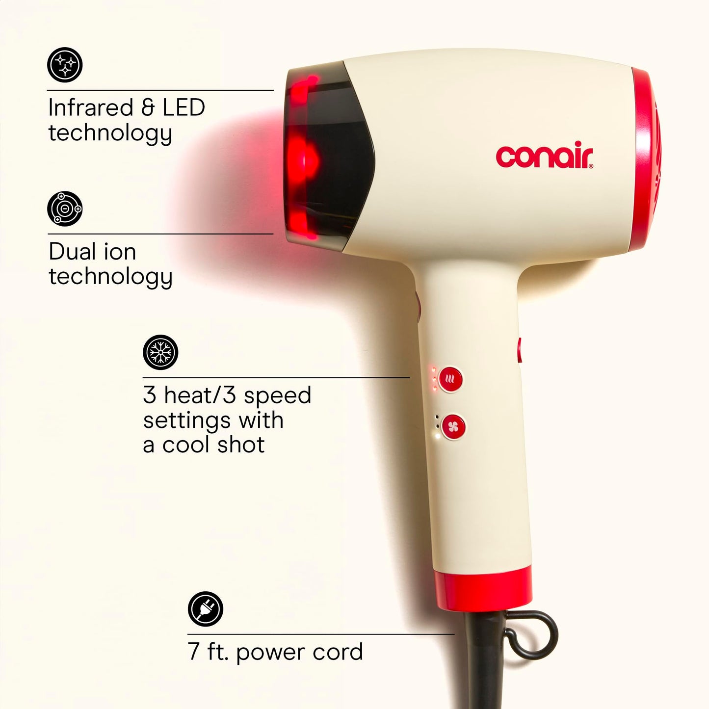 Infiniti PRO CONAIR LED Infrared Hair Dryer with Dual Ion Ceramic Technology, Anti-Frizz Ionic Blow Dryer, 3 Heat 3 Speed Settings, Professional Diffuser, White