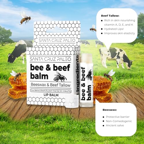 Santa Cruz Paleo Unflavored Beef Tallow & Beeswax Lip Balm - 1 Pack, Hypoallergenic Moisturizer for Sensitive Skin