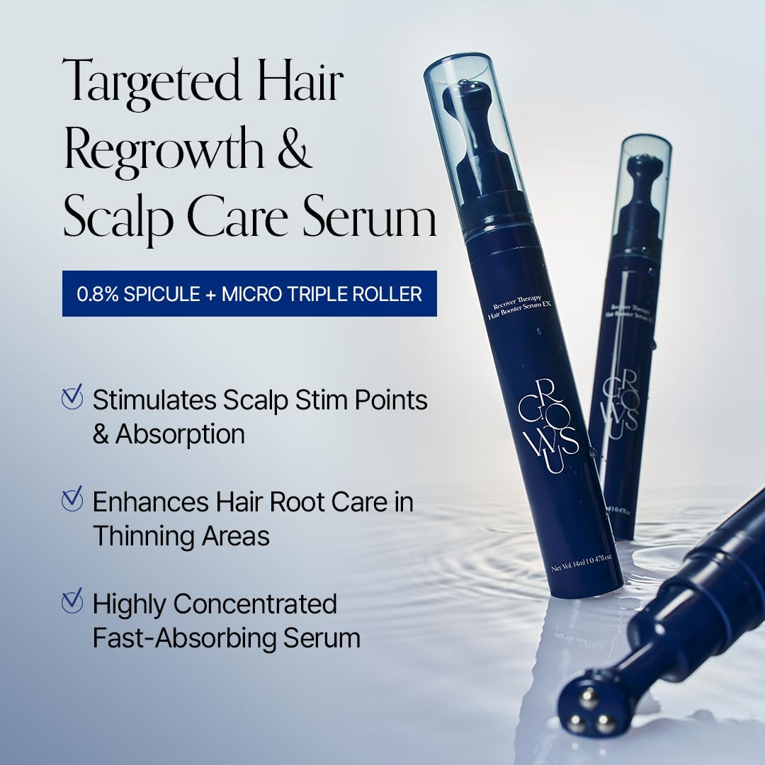GROWUS Recover Therapy Hair Booster Serum EX - Biotin Spicule & Triple-Ball Scalp Massager for Thinning Hair - Root Strengthening Scalp Serum for Thicker, Fuller Hair - 14ml (0.47 fl.oz)