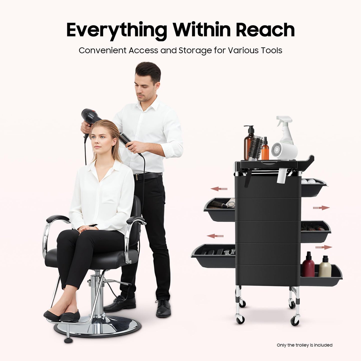 Salon Trolley, 6 Tiers Beauty Salon Trolley with Handle+Rolling Wheels, 5 Drawers and 2 Hair Dryer Holder Side Tray for Beauty Salons, Barber Stores, Hospitals, and Health Centers, Black