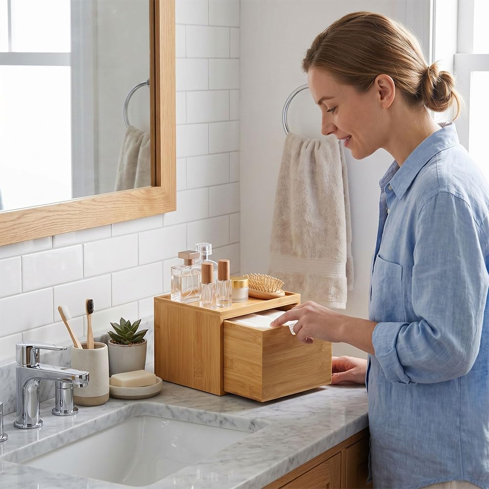 Bamboo Disposable Face Towel Holder - Wooden Storage Box for XL Towels | Bathroom Countertop Organizer