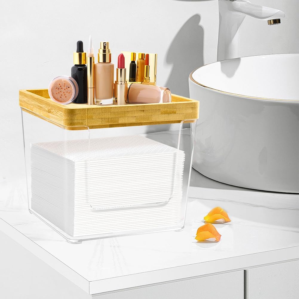 Acrylic Disposable Face Towel Holder Box - Large Bathroom Organizer with Bamboo Lid | Clear Design