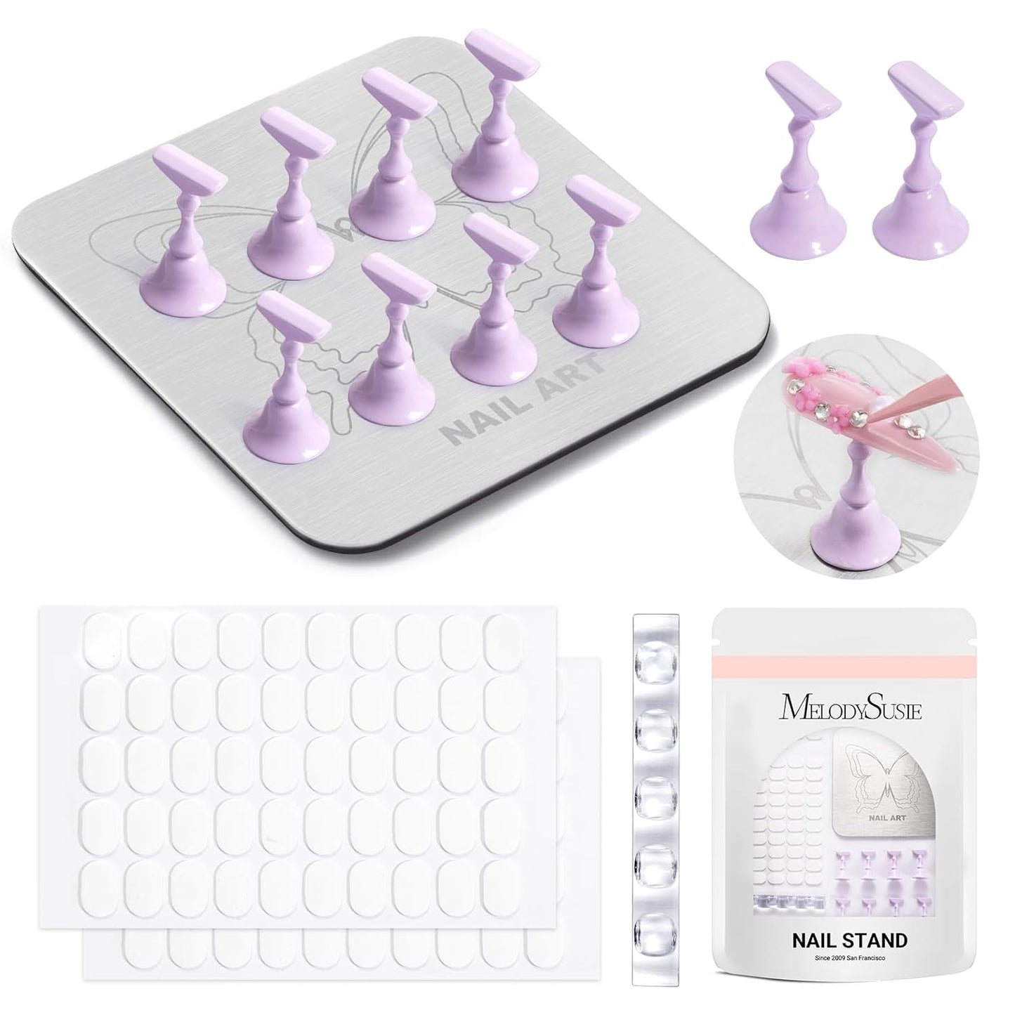MelodySusie Nail Stand - Metal Square With Heart Pattern & Magnetic Base | DIY Press-On Display With Brush Holder & Tape