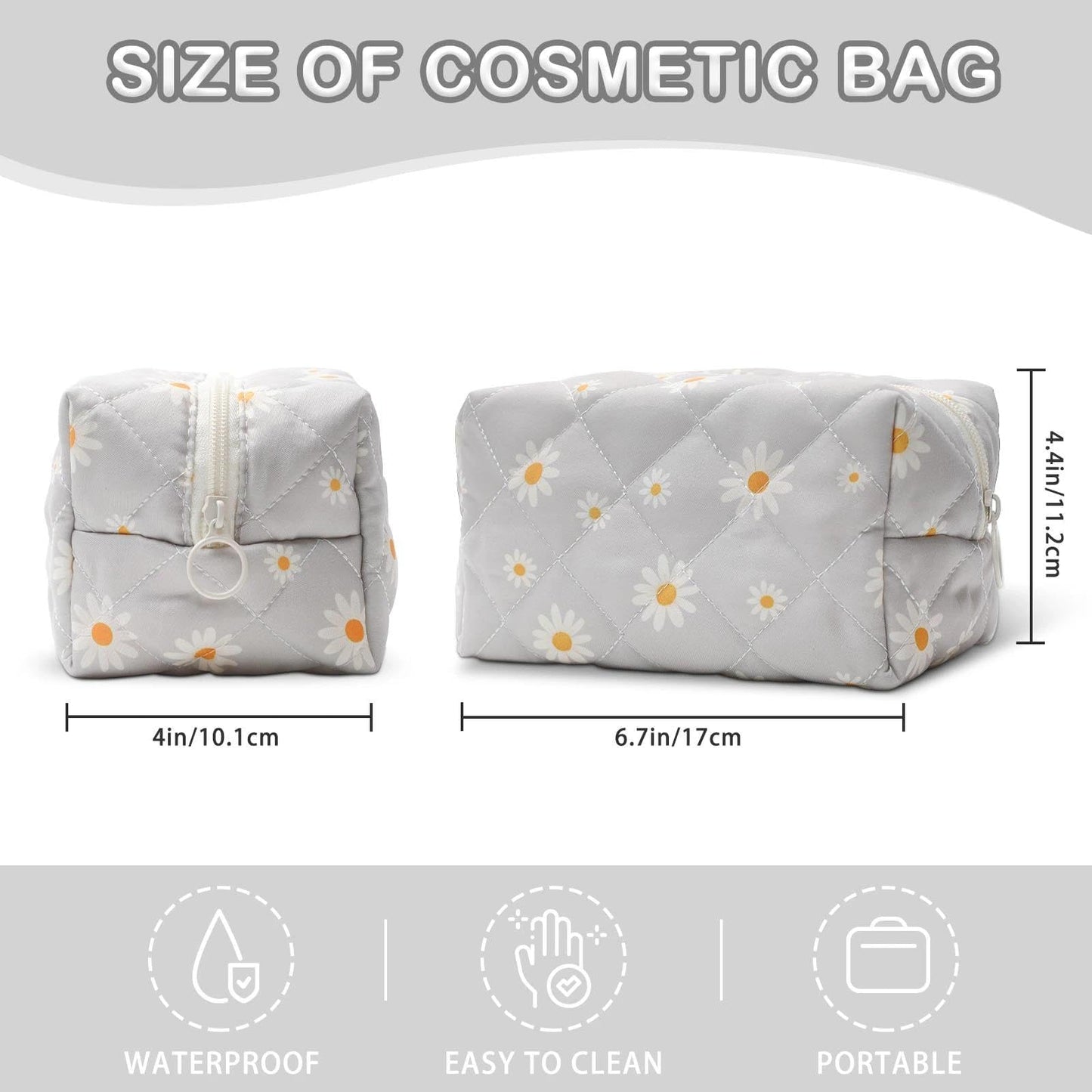 Quilted Makeup Bag, Cute Floral Cotton Cosmetic Bag, Daisy Coquette Makeup Pouch for Women Girls, Aesthetic Organizer Bags Travel Toiletry Bags