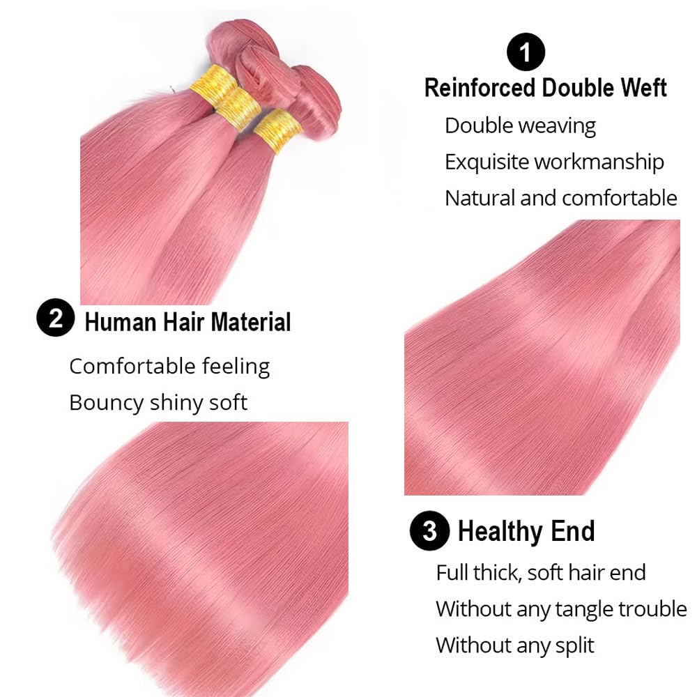 Pink Bundles Human Hair Straight Bundles 28 30 32 Inch Unprocessed Brazilian Virgin Hair 3 Bundle 50 Gram Per Bundle Deals Quick Weave Hair Extensions For Woman