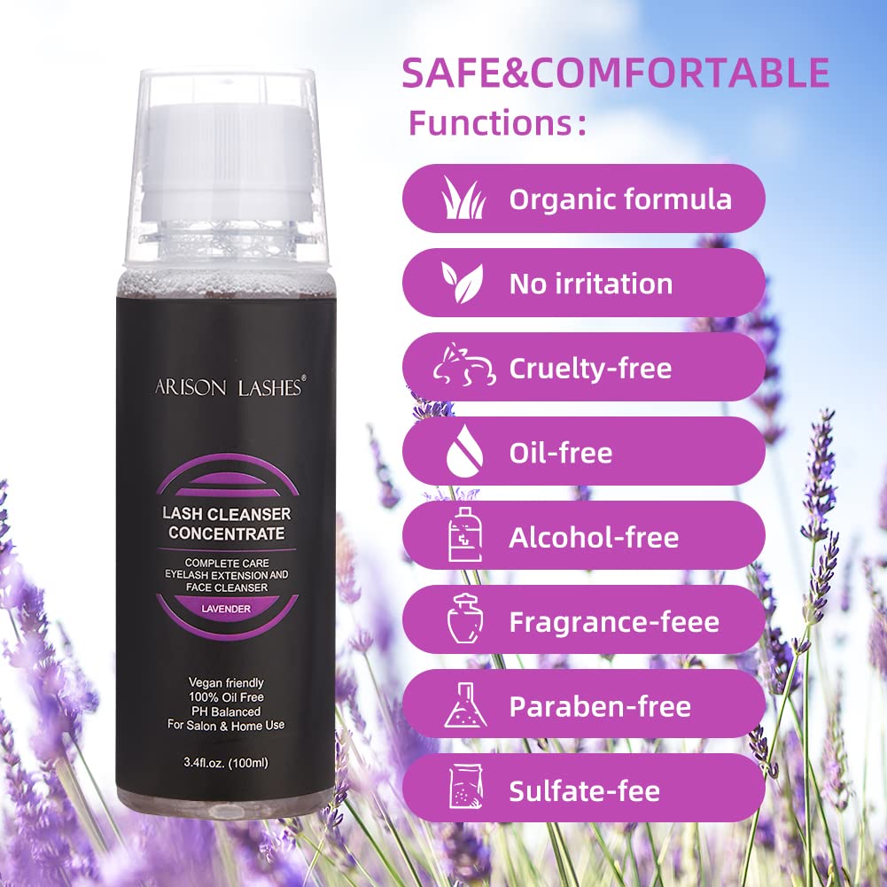 Eyelash Cleanser Concentrate 100ml Lash Extensions Shampoo Natural Foaming Cleanser DIY Non-lrritating Wash for Salon Home Care-Makes 20 Bottles 60ml lash Shampoo (Lavender)