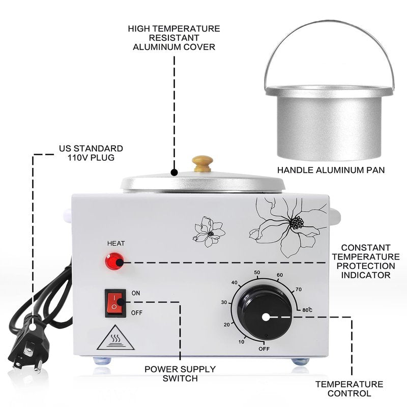 Portable Wax Warmer Machine for Painless Hair Removal, Women Men Professional Wax Heater with Adjustable Temperature Set, 20pcs Sticks (White - Single Pot)