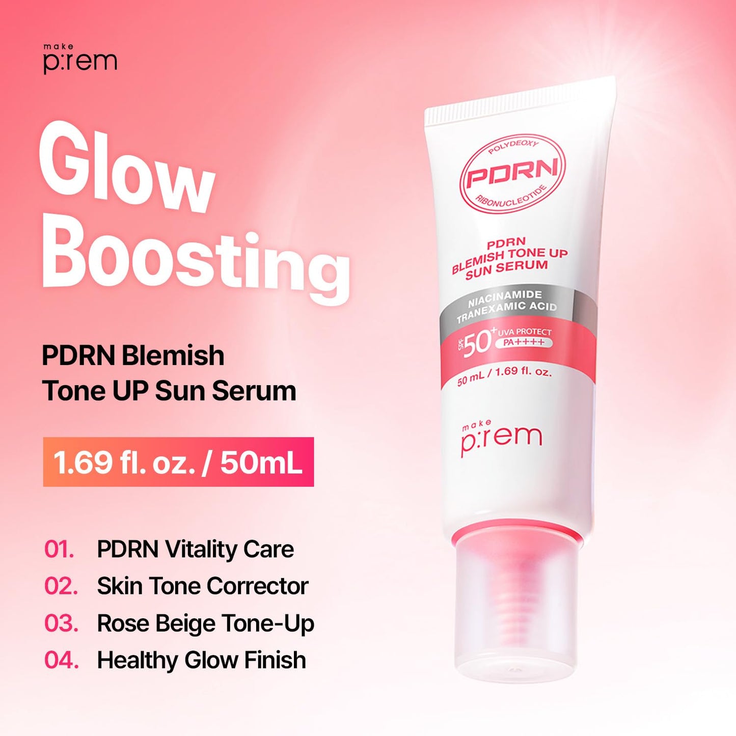 MAKE P:REM PDRN Tone-Up Sun Serum SPF 50, Korean Sunscreen, Lightweight Tinted Facial Sunscreen with Rosy Beige Tone-Up Effect, Radiant Glow Finish, Makeup-Friendly Daily Sunscreen, 1.69 fl oz (50ml)