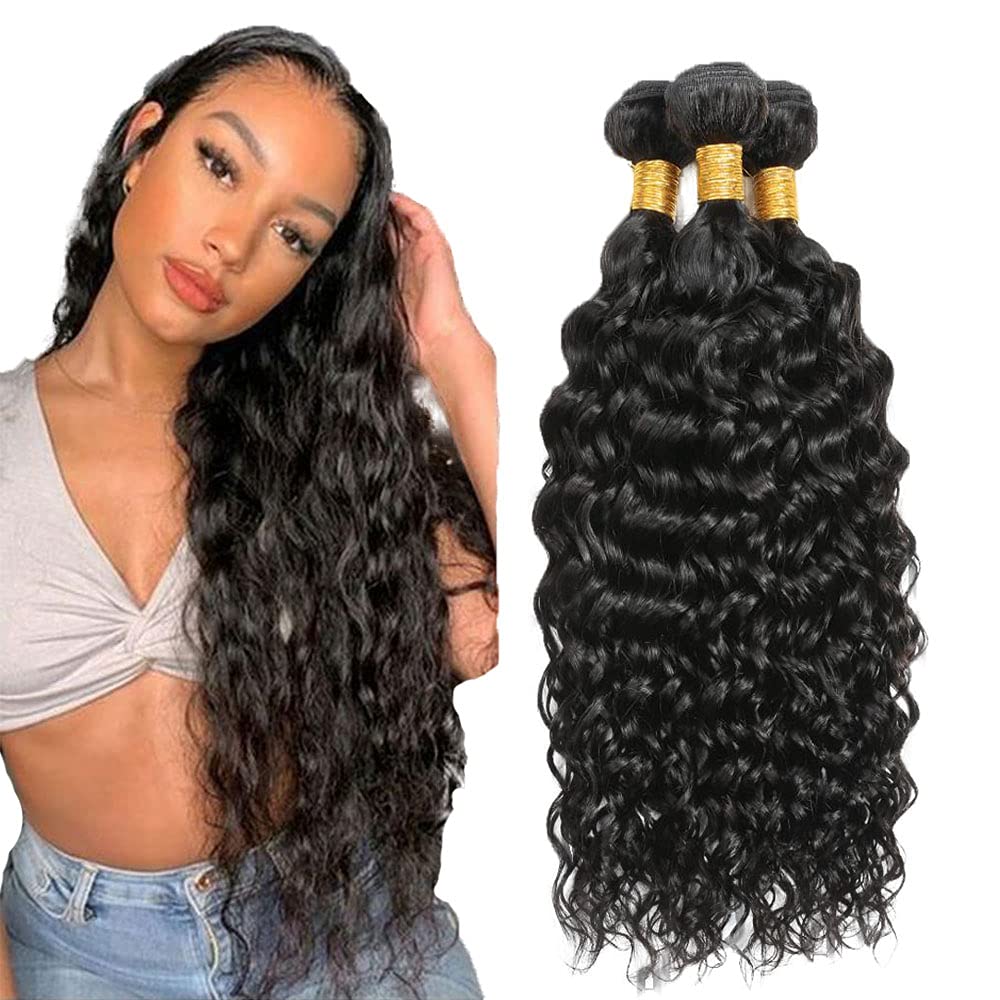 26 28 30 Inch Water Wave Bundles Human Hair Bundles #1B Natural Black Color Water Wave 3 Bundles 50g/Bundle Unprocessed Brazilian Virgin Weave Hair Extensions for Black Women