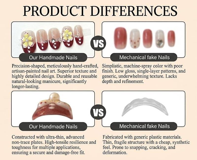 Large Handmade Press-On Nails Set with 3D Flower French Tip - Nude Pink